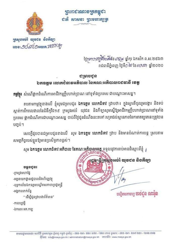 ក្រសួងអប់រំ យុវជន និងកីឡា ស្នើឲ្យក្លិបហាត់ប្រាណទូទាំងប្រទេសផ្អាកបណ្ដោះអាសន្នដោយសារបញ្ហា COVID-19