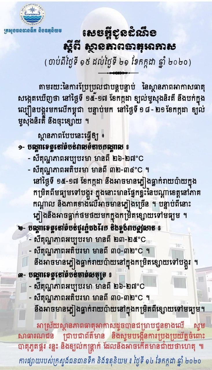 ក្រសួងធនធានទឹក និងឧតុនិយម ជូនដំណឹងពីស្ថានភាពអាកាសធាតុ ចាប់ពីថ្ងៃ១៥ដល់ថ្ងៃ២១កក្កដាឆ្នាំ២០២០