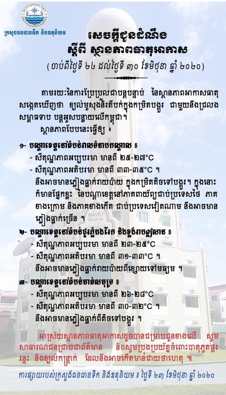 ក្រសួងធនធានទឹក និងឧតុនិយម៖ ស្ថានភាពអាកាសធាតុចាប់ពីថ្ងៃទី២៤ ដល់ថ្ងៃទី៣០ មិថុនាឆ្នាំ២០២០