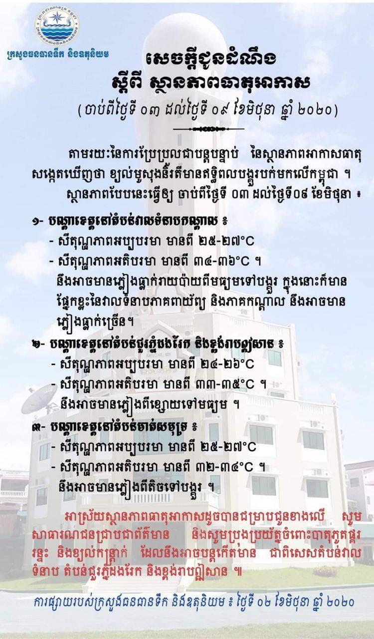 ក្រសួងធនធានទឹក និងឧតុនិយមជូនដំណឹងស្តីពីស្ថានភាពធាតុអាកាសចាប់ពីដ្ងៃទី៣ មិថុនា ដល់ថ្ងៃ៩មិថុនា ឆ្នាំ២០២០