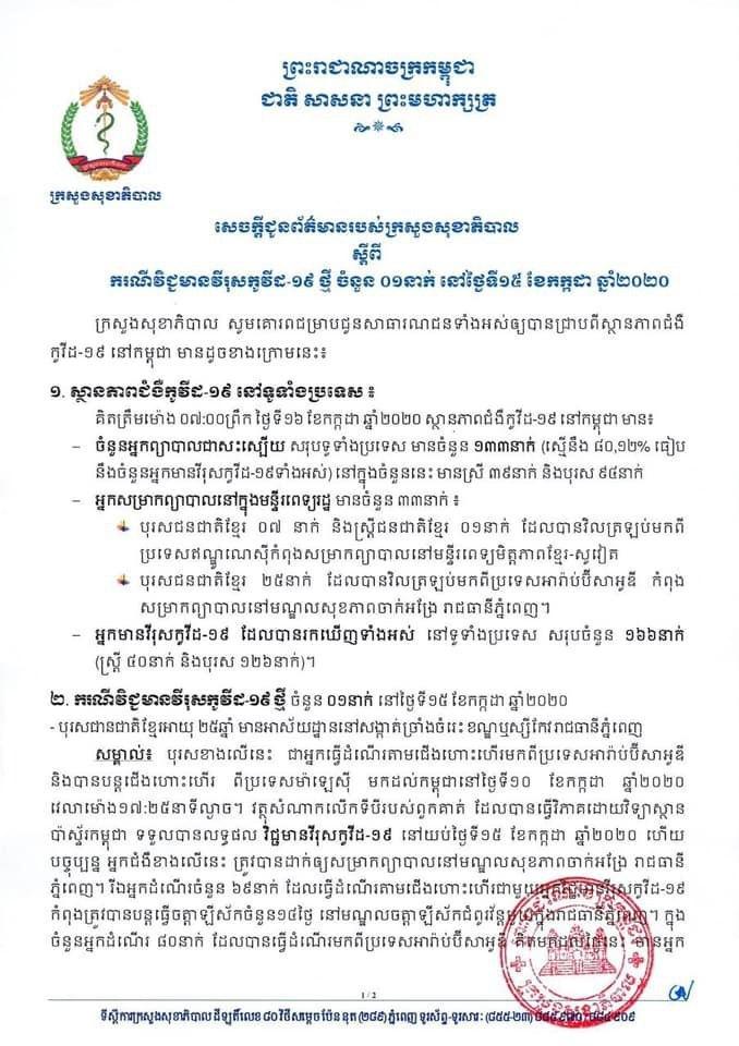 រកឃេីញវិជ្ជមាន ០១ករណីទៀតហេីយ  ក្នុងចំណោមអ្នកដំណេីរដែលបានវិលត្រឡប់មកពីប្រទេសអារ៉ាប់ប៊ីសាអូឌី