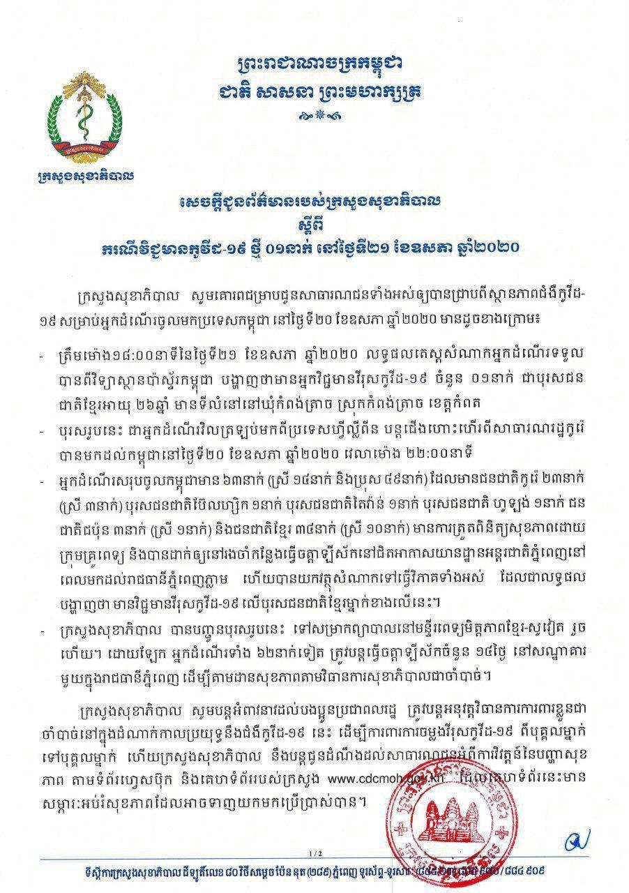 ក្រសួងសុខាភិបាលរកឃើញអ្នកជំងឺកូវីដ១៩ ថ្មីមួយករណីទៀត នៅថ្ងៃទី២១ ឧសភានេះ