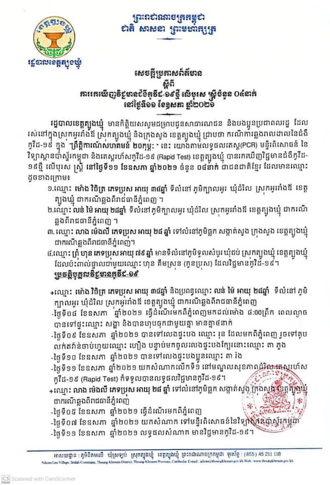 សេចក្តីប្រកាសព័ត៍មាន ស្តីពីការរកឃើញវិជ្ជមានជំងឺកូវីដ-១៩ថ្មី ចំនួន០៤នាក់ទៀត នៅខេត្តត្បូងឃ្មុំ
