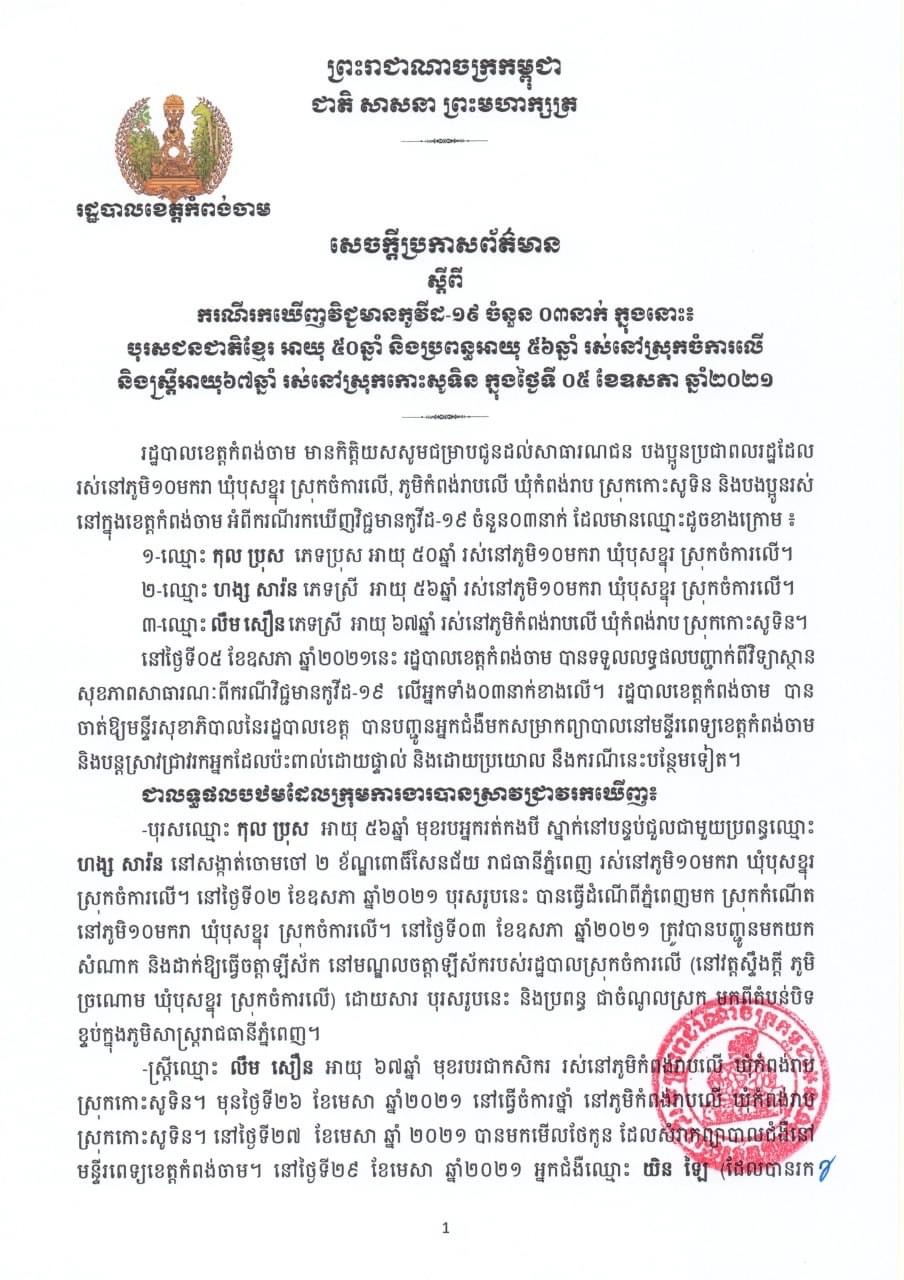 សេចក្តីប្រកាសព័ត៌មានរបស់រដ្ឋបាលខេត្តកំពង់ចាម ស្តីពីករណីរកឃើញវិជ្ជមានកូវីដ-១៩ចំនួន ០៣នាក់ក្នុងនោះ៖ បុរសជនជាតិខ្មែរ អាយុ ៥០ឆ្នាំ និងប្រពន្ធអាយុ ៥៦ឆ្នាំ រស់នៅស្រុកចំការលើ និងស្ត្រីអាយុ ៦៧ឆ្នាំឆ្នាំ រស់នៅស្រុកកោះសូទិន ក្នុងថ្ងៃទី០៥ ខែឧសភា ឆ្នាំ២០២១