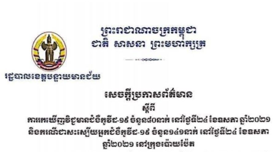 ខេត្តបន្ទាយមានជ័យ រកឃើញករណីវិជ្ជមានកូវីដ-១៩ ចំនួន ៨០នាក់ និងជាសះស្បើយ ១៤១នាក់ ក្នុងរយៈពេល ២៤ម៉ោងចុងក្រោយ
