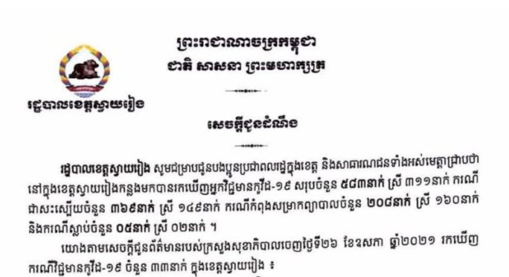 ខេត្តស្វាយរៀង រកឃើញអ្នកវិជ្ជមានកូវីដ-១៩ ចំនួន ៣៣នាក់ក្នុងរយៈពេល ២៤ម៉ោងចុងក្រោយ