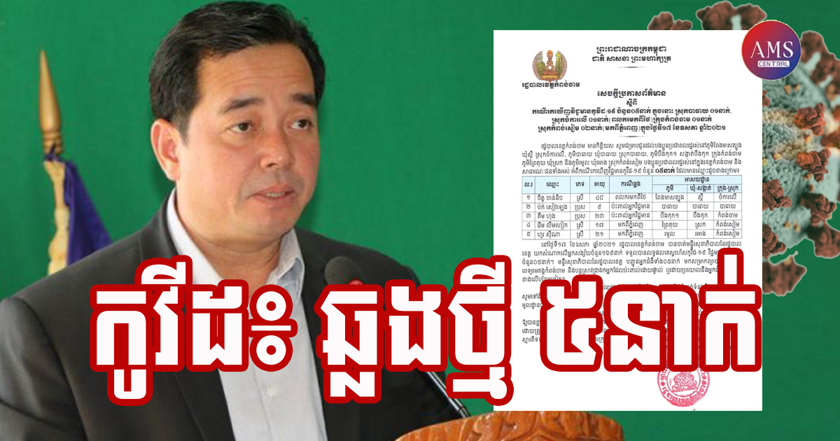 ខេត្តកំពង់ចាម រកឃើញអ្នកវិជ្ជមានកូវីដ-១៩ ចំនួន ៥នាក់បន្ថែមទៀត