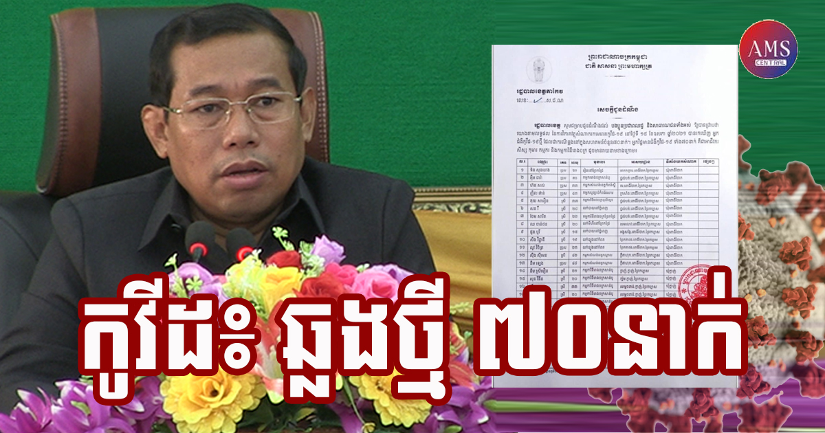 ខេត្តតាកែវ បន្តរកឃើញអ្នកជំងឺកូវីដ-១៩ ថ្មីចំនួន ៧០នាក់ទៀត