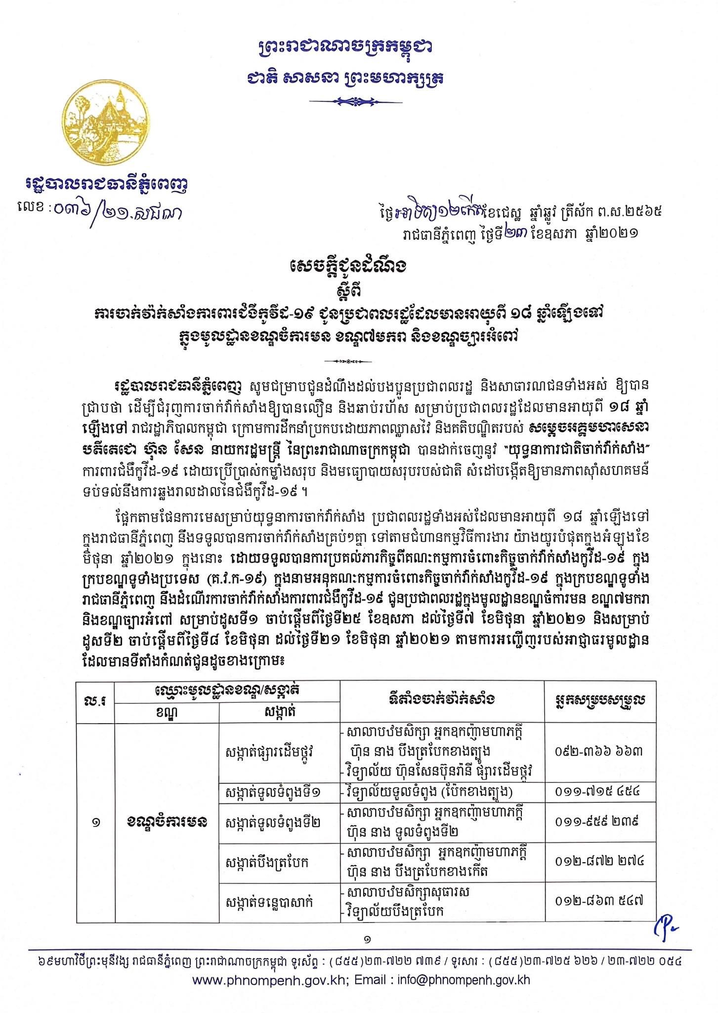 សេចក្ដីជូនដំណឹង ស្ដីពីការចាក់វ៉ាក់សាំងការពារជំងឺកូវីដ-១៩ ជូនប្រជាពលរដ្ឋដែលមានអាយុពី ១៨ឆ្នាំឡើងទៅ ក្នុងមូលដ្ឋានខណ្ឌចំការមន ខណ្ឌ៧មករា និងខណ្ឌច្បារអំពៅ