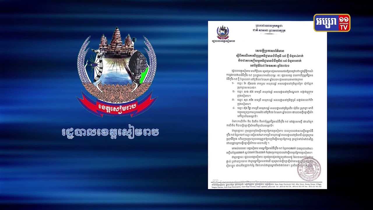 ខេត្តសៀមរាប រកឃើញអ្នកឆ្លងថ្មី៤នាក់ថ្ងៃនេះ (Video Inside)