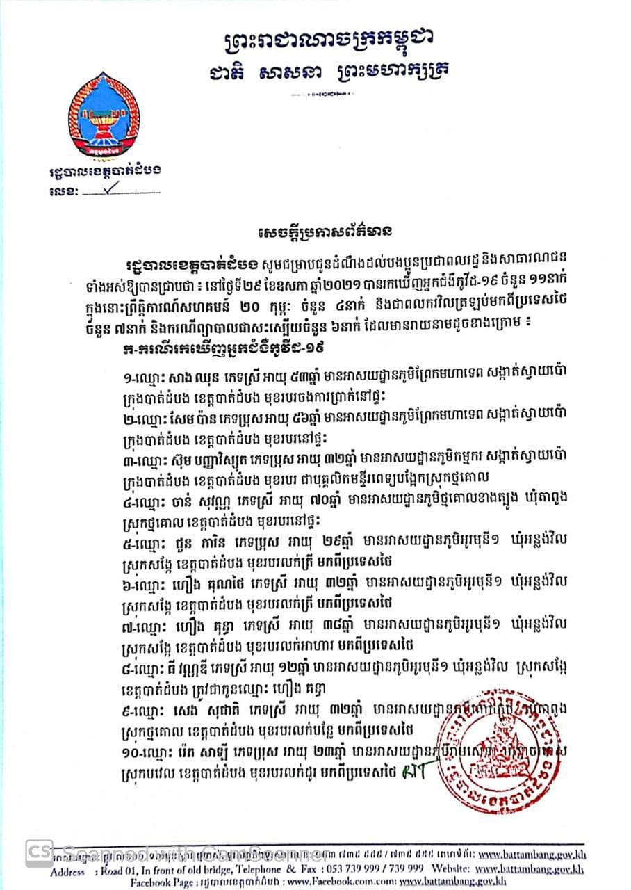 រដ្ឋបាលខេត្តបាត់ដំបង រកឃើញនូវករណីវិជ្ជមានកូវីដ-19 ចំនួន ១១នាក់ ថ្មីបន្ថែមទៀត និង បានព្យាបាលជាសះស្បើយចំនួន០៦នាក់នៅថ្ងៃទី២៩ខែឧសភានេះ