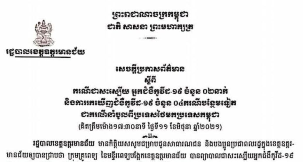 ខេត្តឧត្ដរមានជ័យ ប្រកាសរកឃើញករណីកូវីដ-១៩ ចំនួន ០៤ករណី និងជាសះស្បើយ ០២នាក់ បន្ថែមទៀត