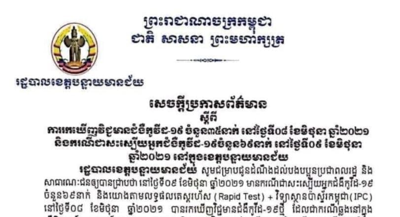 ខេត្តបន្ទាយមានជ័យ រកឃើញករណីវិជ្ជមានកូវីដ-១៩ ចំនួន ៣៥នាក់ និងជាសះស្បើយ ៦៩នាក់ ក្នុងរយៈពេល ២៤ម៉ោងចុងក្រោយ