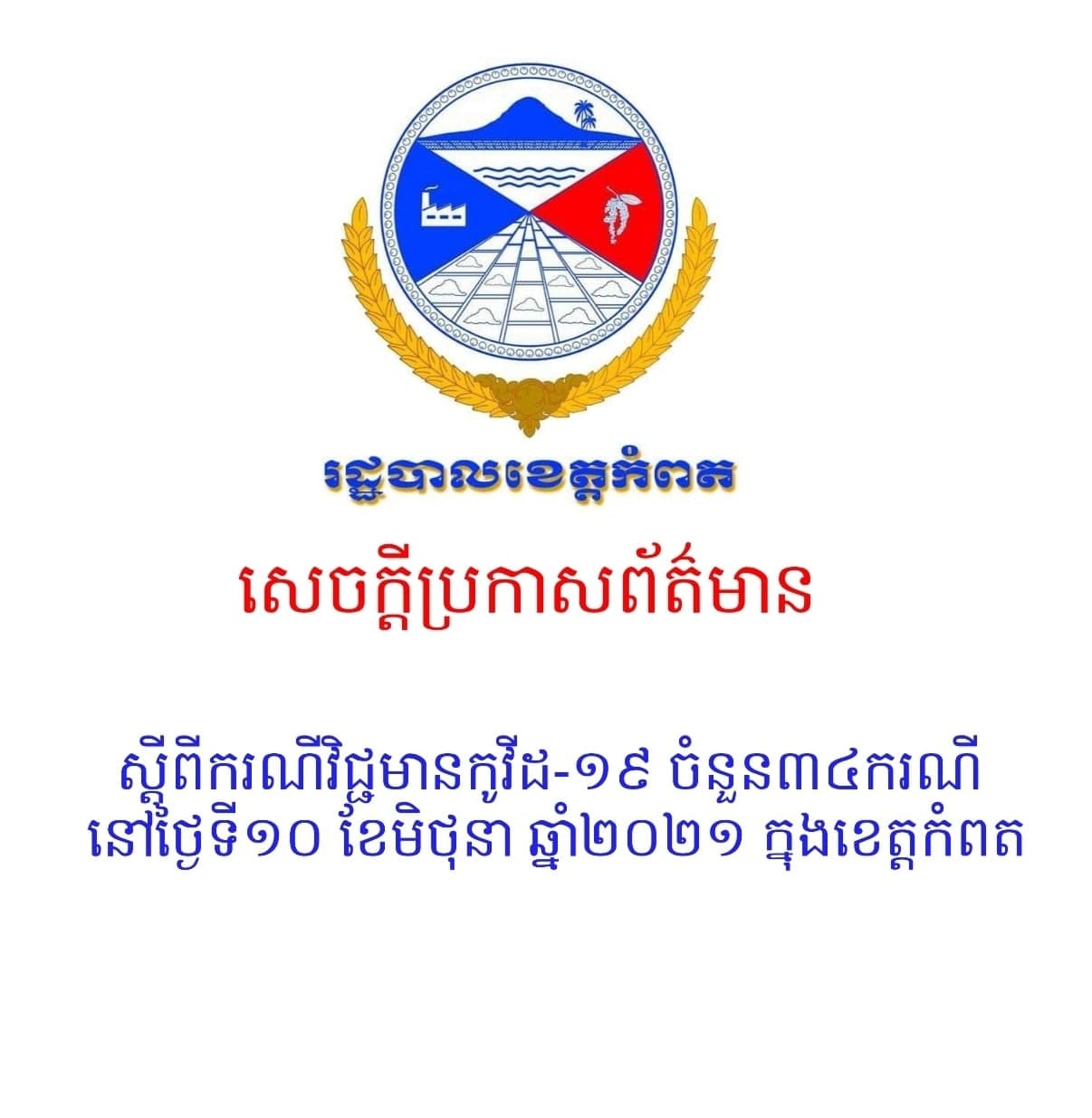 រដ្ឋបាលខេត្តកំពតបានរកឃើញអ្នកវិជ្ជមានជំងឺកូវីដ-១៩ថ្មីចំនួន៣៤ករនី និងមានអ្នកស្លាប់ចំនួន២នាក់