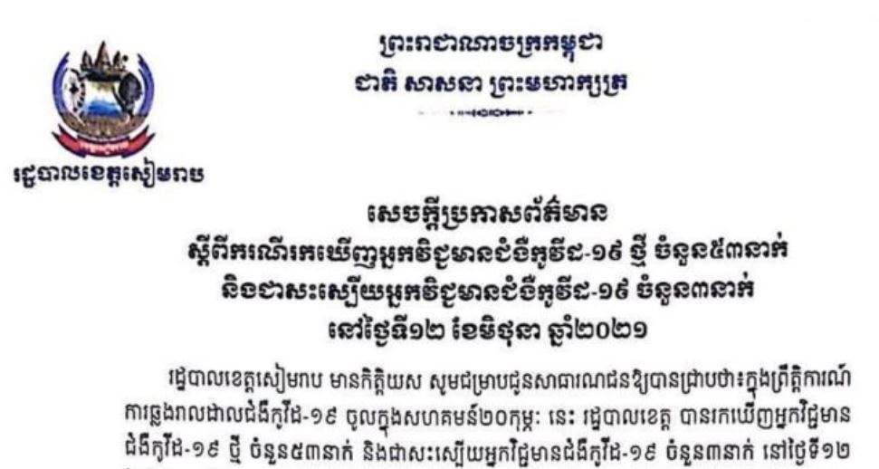 ខេត្តសៀមរាបរកឃើញអ្នកវិជ្ជមានជំងឺកូវីដ-១៩ ថ្មី ចំនួន ៥៣នាក់ និងជាសះស្បើយ ចំនួន ៣នាក់បន្ថែមទៀត