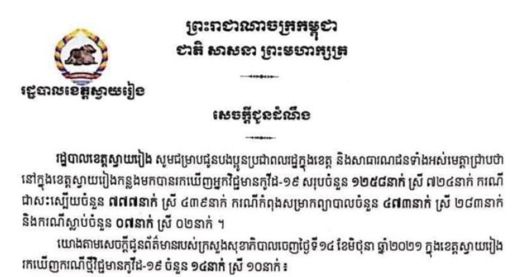 ខេត្តស្វាយរៀង រកឃើញអ្នកវិជ្ជមានកូវីដ-១៩ ចំនួន ១៤នាក់ ក្នុងរយៈពេល ២៤ម៉ោងចុងក្រោយ