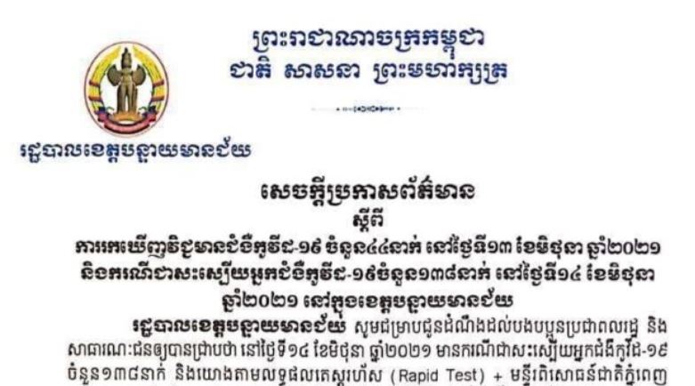 ខេត្តបន្ទាយមានជ័យ រកឃើញករណីវិជ្ជមានកូវីដ-១៩ ចំនួន ៤៤នាក់ និងជាសះស្បើយ ១៣៨នាក់ ក្នុងរយៈពេល ២៤ម៉ោងចុងក្រោយ