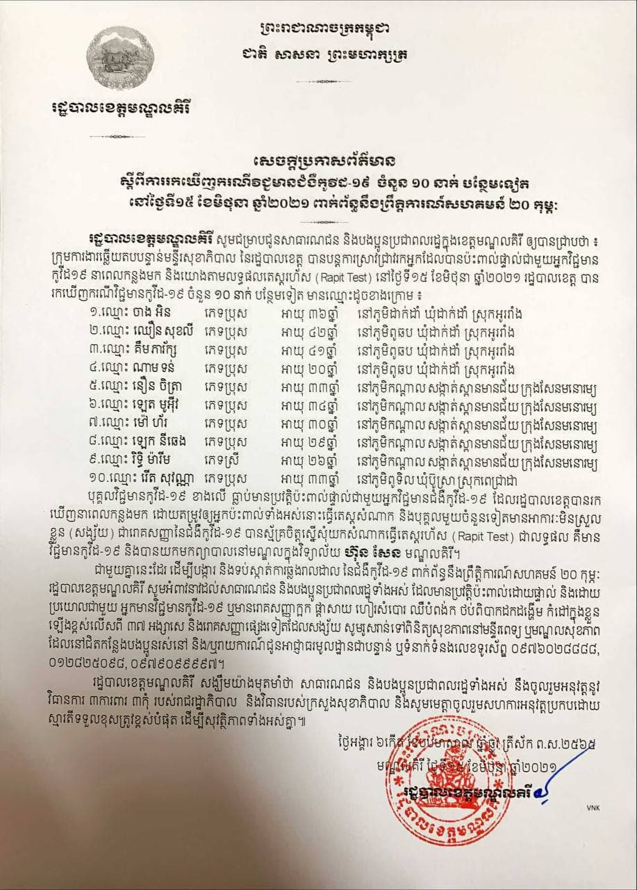 អត្តសញ្ញាណអ្នកវិជ្ជមានកូវីដ១៩ចំនួន ១០នាក់ នៅខេត្តមណ្ឌលគិរី