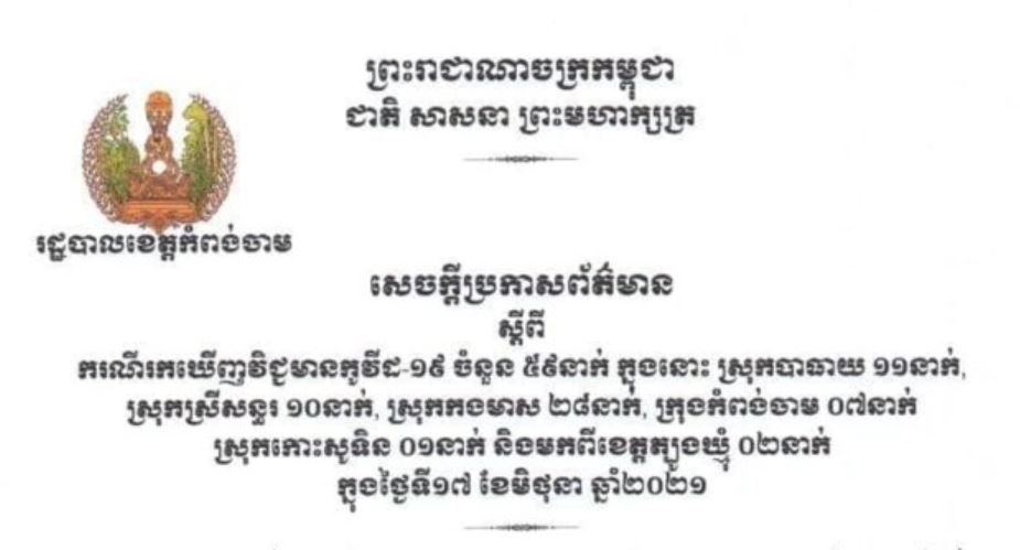 ខេត្តកំពង់ចាម រកឃើញអ្នកវិជ្ជមានកូវីដ-១៩ ចំនួន ៩នាក់បន្ថែមទៀតក្នុងរយៈពេល២៤ម៉ោងចុងក្រោយ