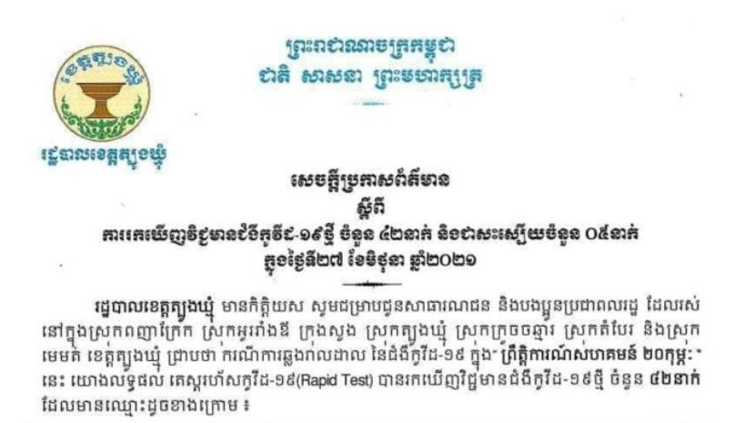 ខេត្តត្បូងឃ្មុំ រកឃើញវិជ្ជមានជំងឺកូវីដ-១៩ថ្មី ចំនួន ៤២នាក់ ក្នុងថ្ងៃទី២៧ ខែមិថុនា ឆ្នាំ២០២១