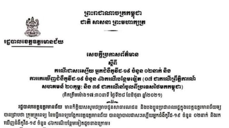 អាជ្ញាធរខេត្តឧត្ដរមានជ័យ ប្រកាសរកឃើញករណីកូវីដ-១៩ ចំនួន៤៦ករណី និងជាសះស្បើយចំនួន ០២ នាក់ បន្ថែមទៀត