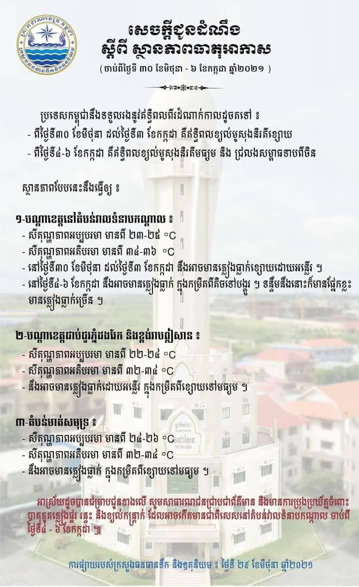 ស្ថានភាពធាតុអាកាស ចាប់ពីថ្ងៃទី៣០ មិថុនា-៦ កក្កដា ២០២១