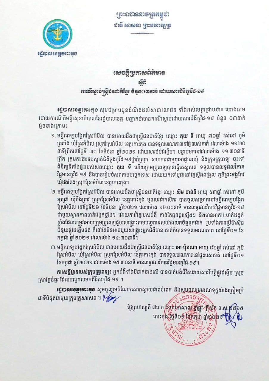 សេចក្តីប្រកាសព័ត៌មាន របស់រដ្ឋបាលខេត្តកោះកុង ស្តីពីករណីស្លាប់ជនជាតិខ្មែរ ចំនួន ០៣ នាក់ ដោយសារជំងឺកូវីដ-១៩