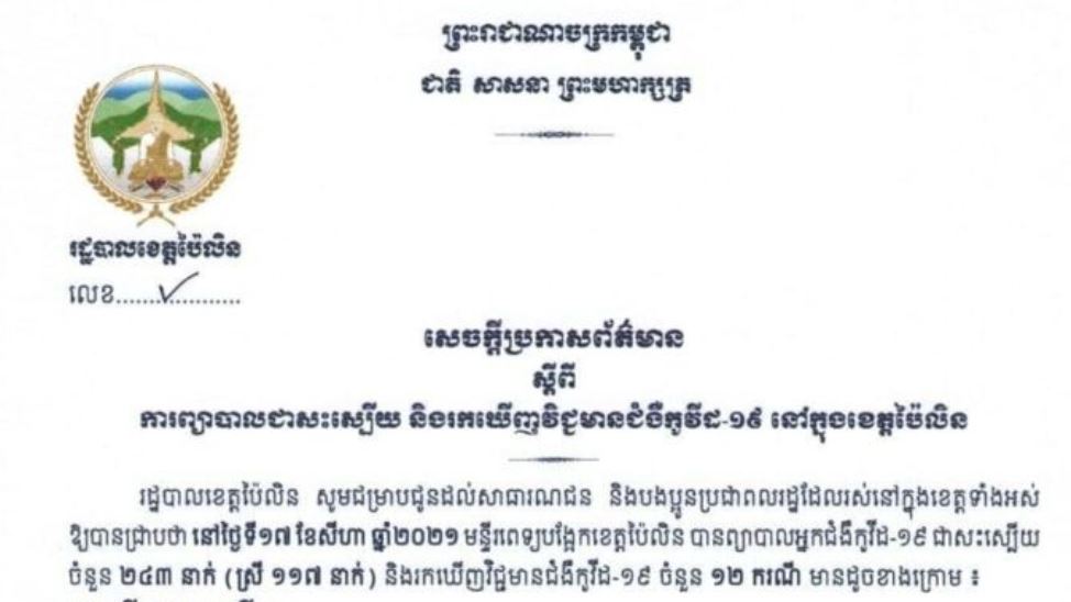 ខេត្តប៉ៃលិន បានរកឃើញអ្នកឆ្លងជំងឺកូវីដ១៩ ចំនួន ១២នាក់ ថែមទៀតក្នុងរយៈពេល ២៤ម៉ោង ចុងក្រោយ នេះ