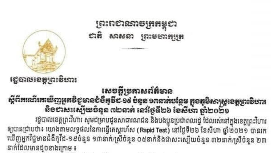 ខេត្ពព្រះវិហារ បានរកឃើញអ្នកឆ្លងជំងឺកូវិដ-១៩ ចំនួន ១៣នាក់ ថែមទៀត ក្នុងរយៈពេល ២៤ម៉ោង ចុងក្រោយនេះ