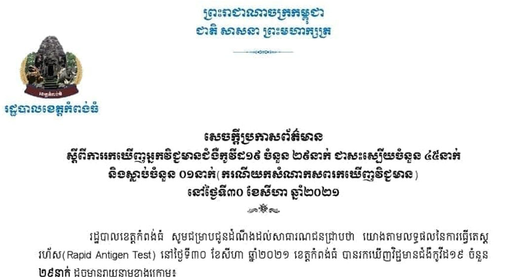 រដ្ឋបាលខេត្តកំពង់ធំ បានប្រកាសពីការរកឃើញអ្នកវិជ្ជមានជំងឺកូវីដ-១៩ថ្មី ចំនួន ២៩នាក់បន្ថែមទៀត