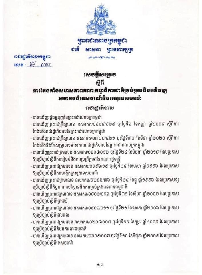 រាជរដ្ឋាភិបាលកម្ពុជានៅថ្ងៃសុក្រ ទី៨ ខែតុលា ឆ្នាំ២០២១ សម្រេចតែងតាំងសមាសភាពគណៈកម្មាធិការគ្រប់គ្រង និងអភិវឌ្ឍសហគមន៍ទេសចរណ៍ និងអេកូទេសចរណ៍
