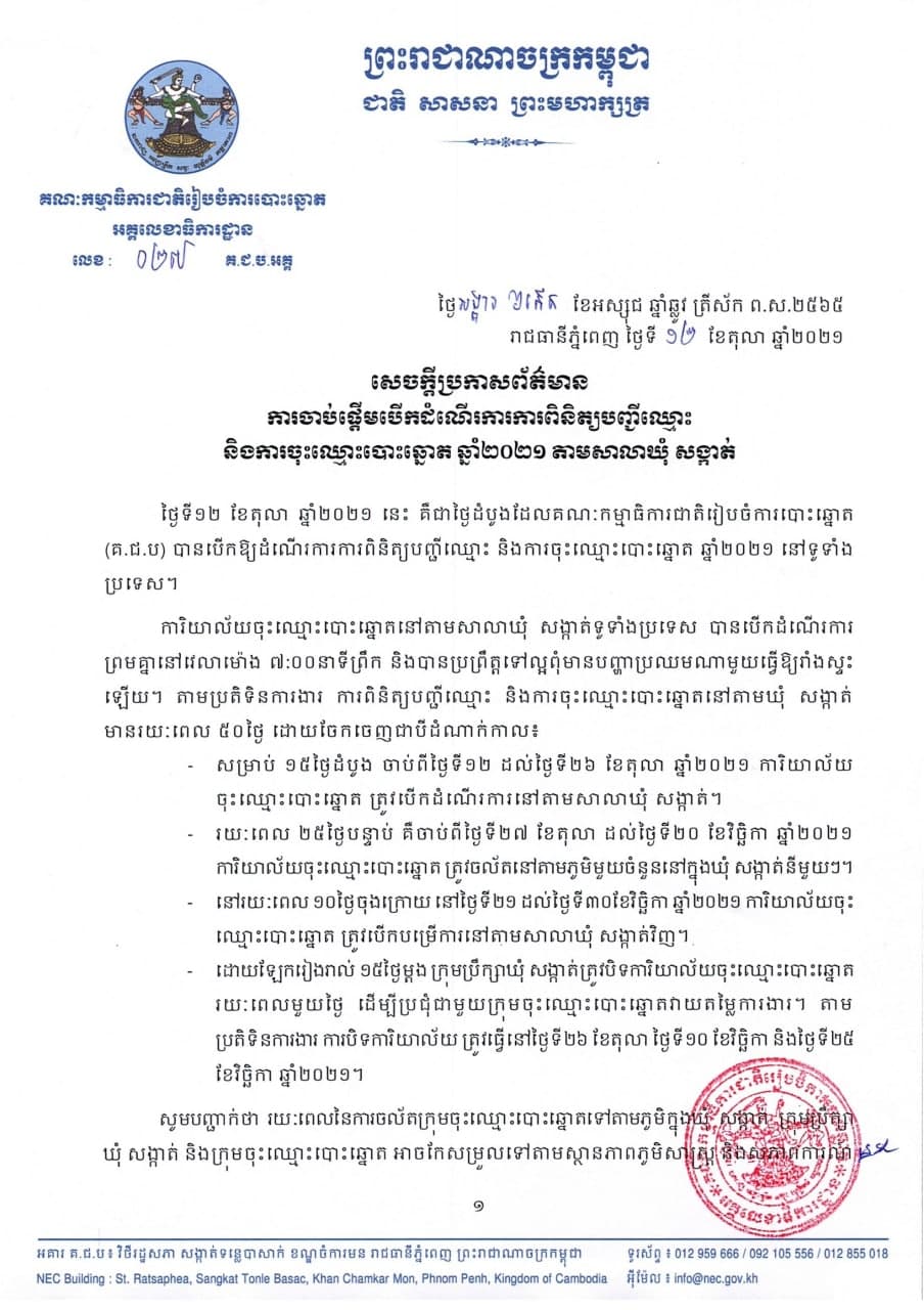 គជប ចាប់ផ្ដើមផ្តល់ការពិនិត្យបញ្ជីឈ្មោះ និងការចុះឈ្មោះបោះឆ្នោត ឆ្នាំ២០២១ តាមសាលាឃុំ សង្កាត់