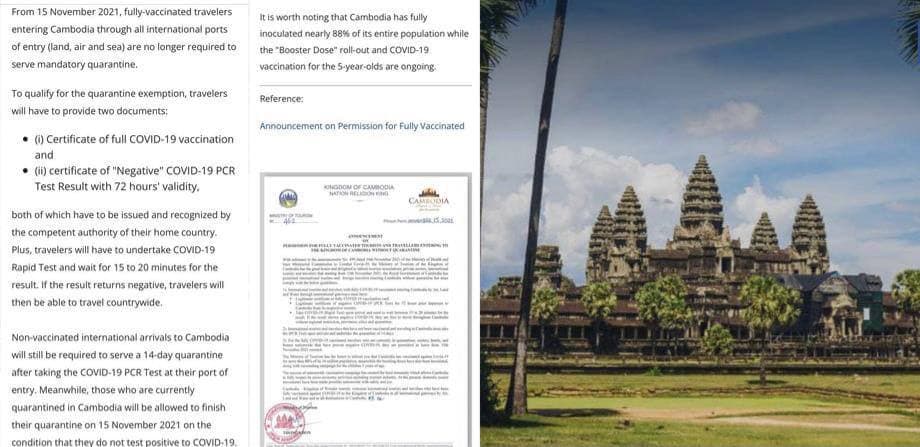 អង្គការទេសចរណ៍ពិភពលោក ជួយផ្សព្វផ្សាយពីការលើកលែងចត្តាឡីស័កសម្រាប់អ្នកដំណើរចាក់វ៉ាក់សាំងមកកម្ពុជា