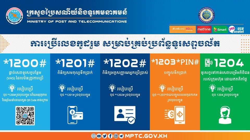សេចក្ដីជូនដំណឹងស្ដីពី ការប្រើលេខកូដរួម *1200# *1201# *1202# *1203* PIN# និង1204 សម្រាប់ប្រើប្រាស់គ្រប់ប្រព័ន្ធទូរសព្ទចល័ត