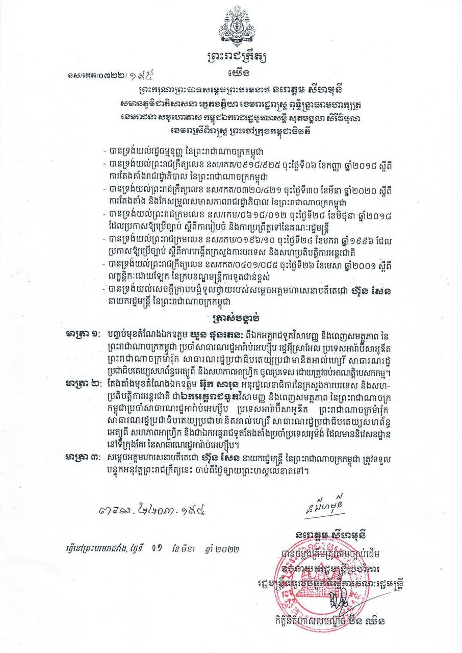 តែងតាំង លោក អ៊ុក សារុន អនុរដ្ឋលេខាធិការក្រសួងការបរទេស និងសហប្រតិបត្តិការអន្ដរជាតិ ជាឯកអគ្គរាជទូតវិសាមញ្ញ និងពេញសមត្ថភាពនៃកម្ពុជា ប្រចាំសាធារណរដ្ឋអារ៉ាប់អេហ្ស៉ីប ប្រទេសអារ៉ាប៊ីសាអូឌីត ជំនួសលោក ឃួន ផុនរតនៈ ដែលចប់អាណត្តិបេសកកម្ម