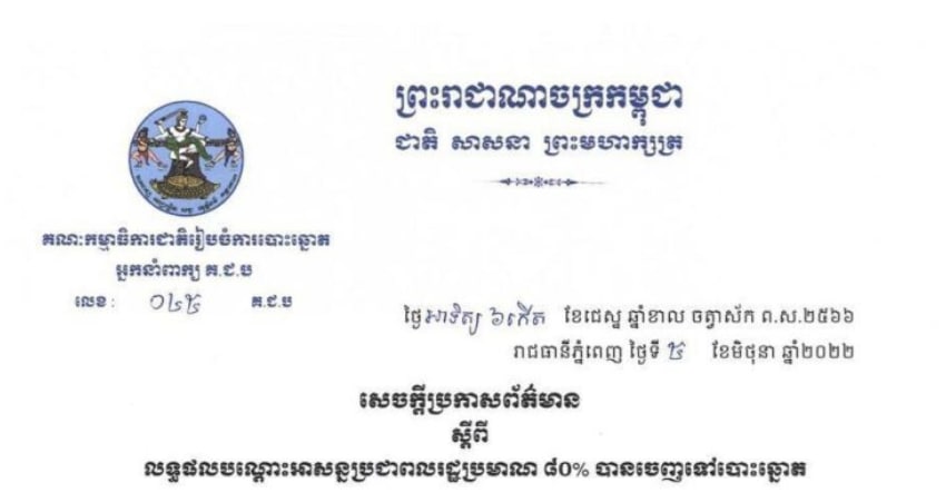 គ.ជ.ប៖ លទ្ធផលបណ្តោះអាសន្នប្រជាពលរដ្ឋប្រមាណ ៨០% បានចេញទៅបោះឆ្នោត