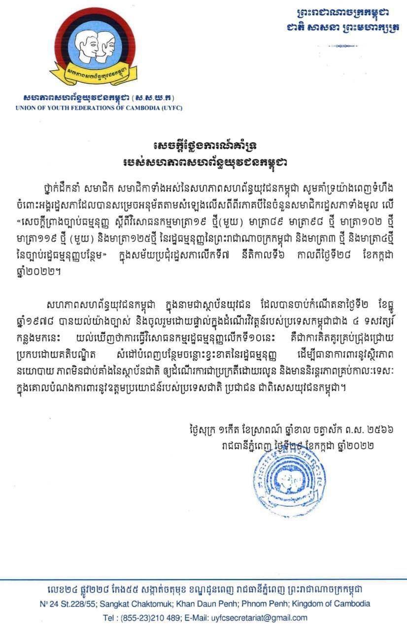 សហភាពសហព័ន្ធយុវជនកម្ពុជាគាំទ្រចំពោះការអនុម័តសេចក្តីព្រាងច្បាប់ធម្មនុញ្ញស្តីពីវិសោធនកម្មមាត្រាទី១៩ ថ្មី (មួយ) មាត្រា៨៩ មាត្រា៩៨ថ្មី មាត្រា១០២ថ្មី មាត្រា១១៩ថ្មី (មួយ) និងមាត្រា១២៥ថ្មី នៃរដ្ឋធម្មនុញ្ញនៃព្រះរាជាណាចក្រកម្ពុជា និងមាត្រា៣ថ្មី និងមាត្រា៤ថ្មី នៃច្បាប់ធម្មនុញ្ញបន្ថែម