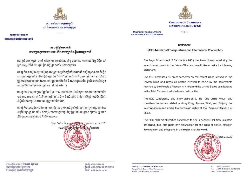 រាជរដ្ឋាភិបាលកម្ពុជាសម្តែងនូវការព្រួយបារម្ភយ៉ាងខ្លាំងចំពោះការកើនឡើងនូវភាពតានតឹងថ្មីៗ នៅច្រកសមុទ្រតៃវ៉ាន់ និងស្នើសុំឲ្យគ្រប់ភាគីពាក់ព័ន្ធ គោរពចំពោះកិច្ចព្រមព្រៀងដែលមានចែងក្នុងសេចក្ដីថ្លែងការណ៍រួមនានាកន្លងមក