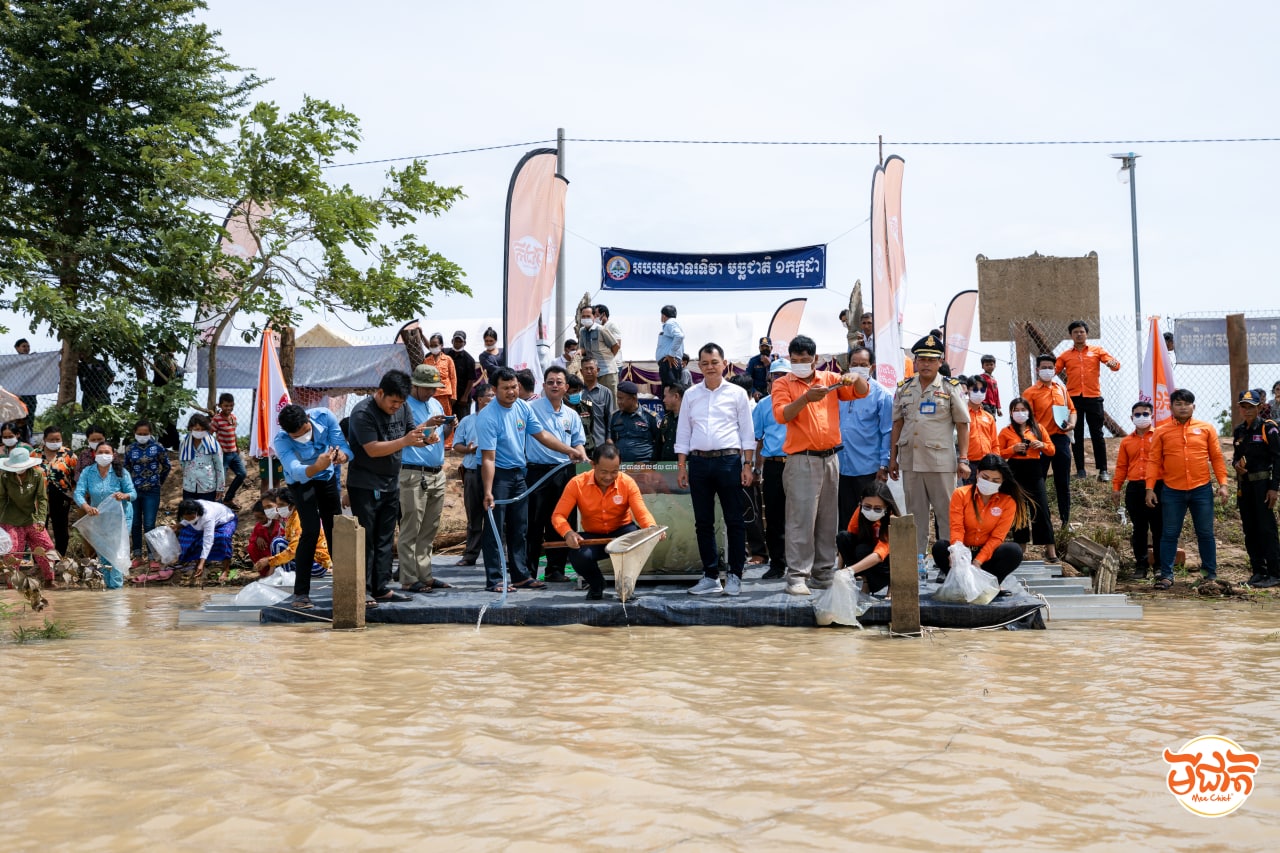 កូនត្រីពូជចំនួន ១ម៉ឺនកូន ត្រូវបាន មីជាតិ លែងចូលក្នុងបឹងធម្មជាតិមួយកន្លែងនៅខេត្តបាត់ដំបង ដើម្បីអបអរសាទរទិវាមច្ឆាជាតិឆ្នាំ២០២២