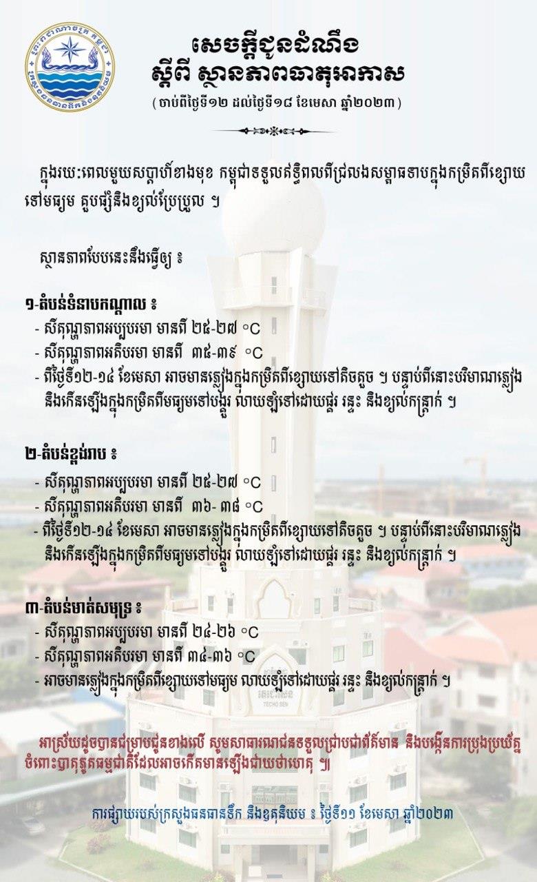 ស្ថានភាពធាតុអាកាសនៅកម្ពុជា ចាប់ពីថ្ងៃនេះដល់ថ្ងៃទី១៨ ខែមេសា ឆ្នាំ២០២៣, សីតុណ្ហភាពកើនដល់ជិត៤០ °C