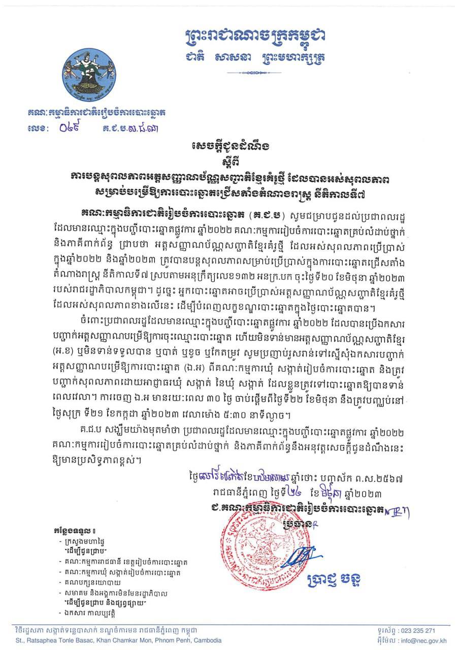 គ.ជ.ប ចេញសេចក្តីជូនដំណឹងស្តីពីការបន្តសុពលភាពអត្តសញ្ញាណប័ណ្ណសញ្ជាតិខ្មែរគំរូថ្មី ដែលបានអស់សុពលភាពសម្រាប់បម្រើឱ្យការបោះឆ្នោតជ្រើសតាំងតំណាងរាស្ត្រ នីតិកាលទី៧