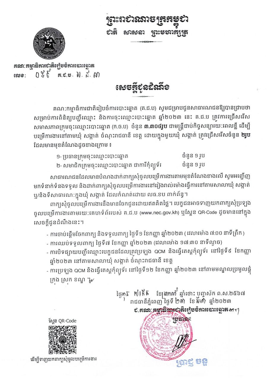 គ.ជ.ប ជ្រើសរើសមន្ត្រីជាប់កិច្ចសន្យារយៈពេលខ្លីជាង ៣០០០ នាក់ សម្រាប់បម្រើការពិនិត្យបញ្ជីឈ្មោះ និងការចុះឈ្មោះបោះឆ្នោត ឆ្នាំ២០២៣នៅតាមឃុំ សង្កាត់