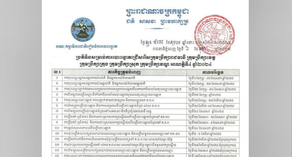 គ.ជ.ប សម្រេចយកថ្ងៃទី២៦ ឧសភា ២០២៤ សម្រាប់ការបោះឆ្នោតជ្រើសរើសក្រុមប្រឹក្សារាជធានី ខេត្ត ក្រុង ស្រុក និងខណ្ឌ អាណត្តិទី៤