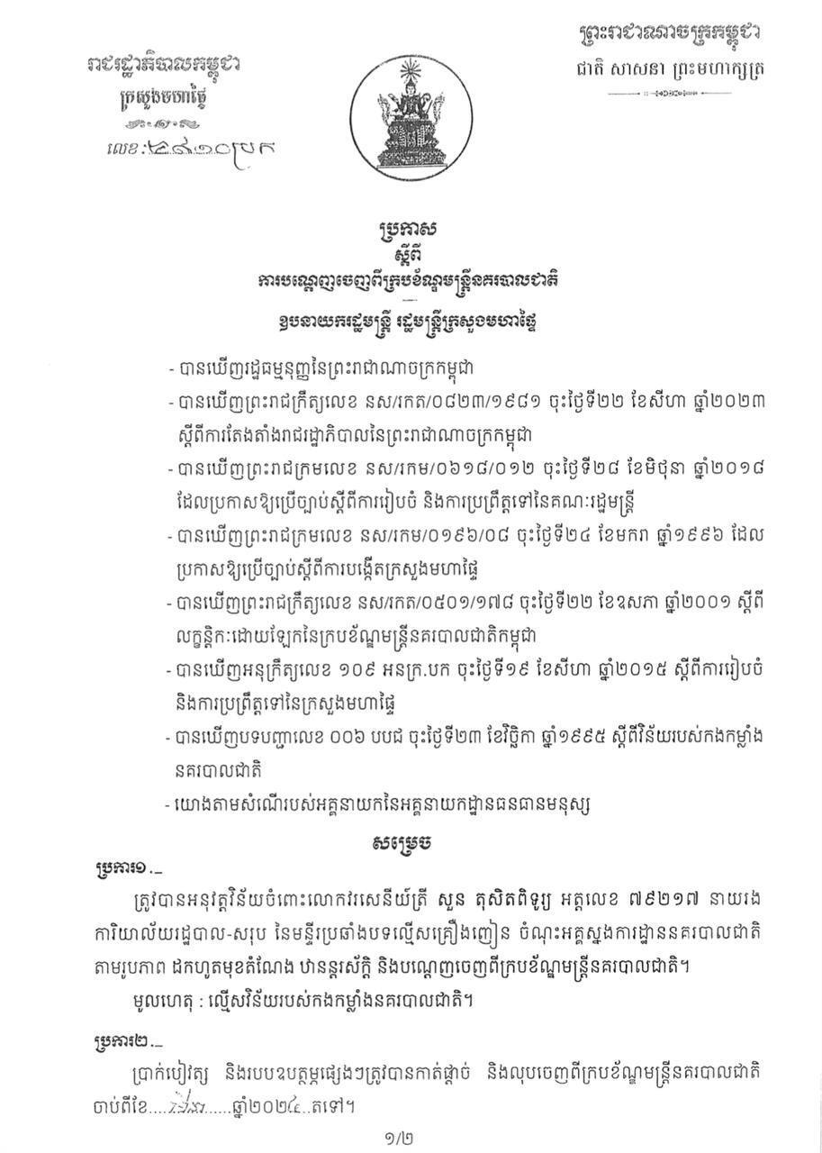 រដ្ឋមន្ត្រីក្រសួងមហាផ្ទៃ បណ្ដេញនាយរងការិយាល័យរដ្ឋបាល-សរុប នៃមន្ទីរប្រឆាំងបទល្មើសគ្រឿងញៀន ចេញពីក្របខ័ណ្ឌ