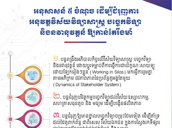 អនុសាសន៍ ៥ ចំណុច ដើម្បីជំរុញការអនុវត្តវិស័យវិទ្យាសាស្ត្រ បច្ចេកវិទ្យា និងនវានុវត្តន៍ ឱ្យកាន់តែរឹងមាំ