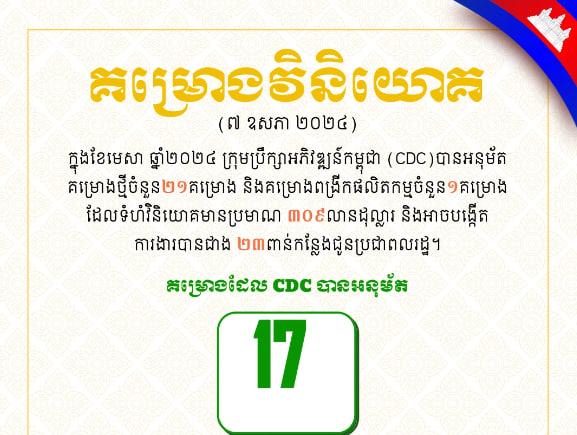 ក្នុងខែមេសា ឆ្នាំ២០២៤ ក្រុមប្រឹក្សាអភិវឌ្ឍន៍កម្ពុជា (CDC) បានអនុម័តគម្រោងថ្មីចំនួន២១