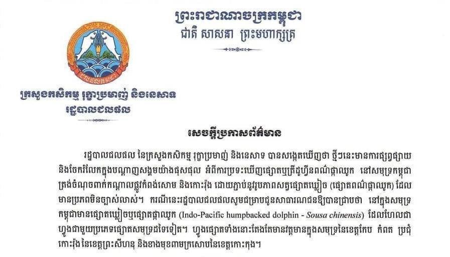 រដ្ឋបាលជលផលប្រាប់ថា សូមប្រយ័ត្នរូបភាពផ្សោត ឬត្រីដូហ្វីនពណ៌ផ្កាឈូកកែច្នៃ