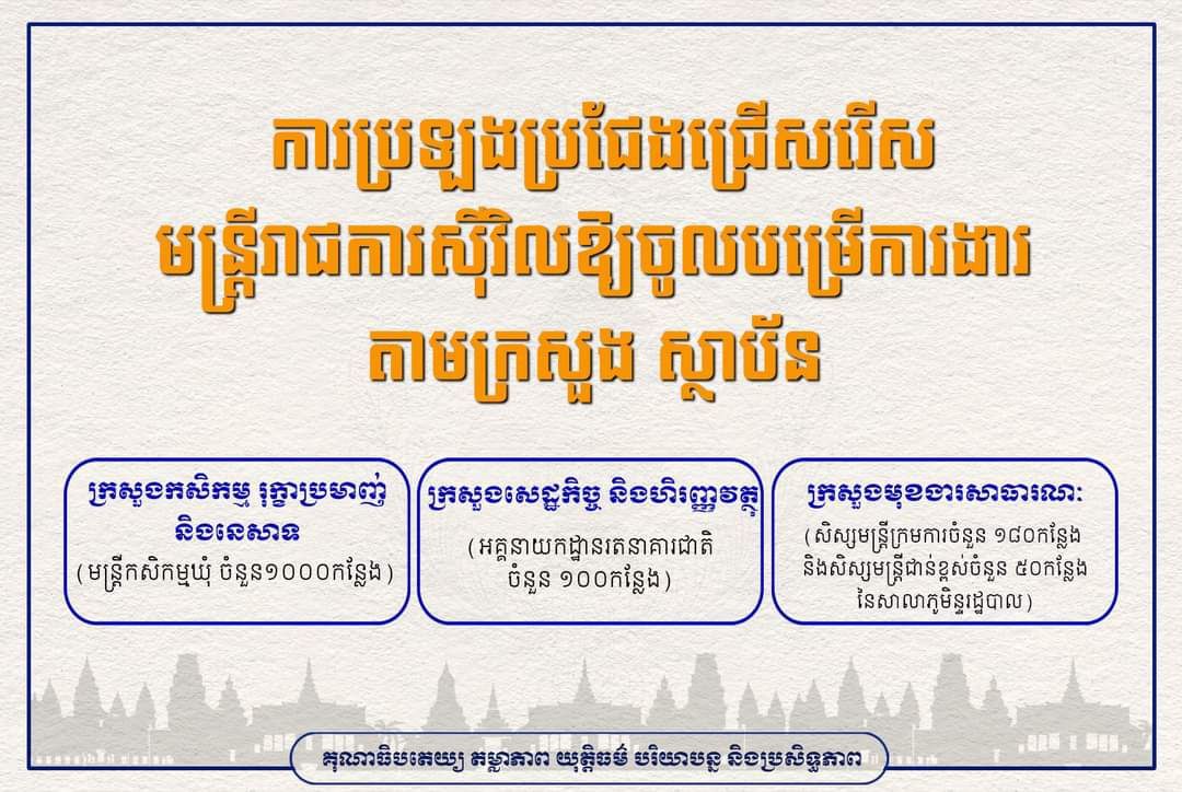 ឱកាសក្លាយជាមន្ត្រីរាជការស៊ីវិល ដើម្បីចូលបម្រើការងារក្របខណ្ឌតាមក្រសួង ស្ថាប័ន