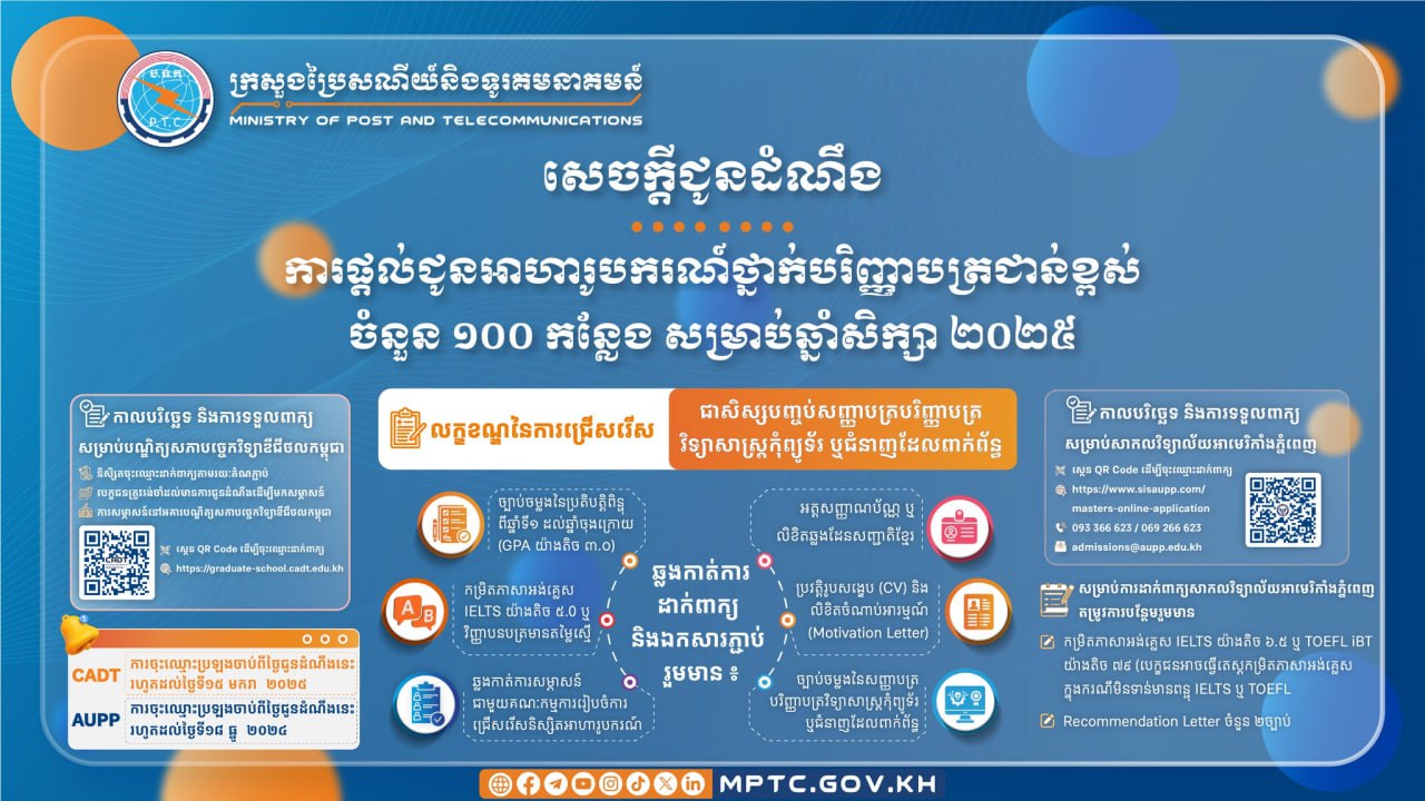 ក្រសួងប្រៃសណីយ៍ និងទូរគមនាគមន៍ ចេញសេចក្តីជូនដំណឹង ស្តីពី ការផ្តល់ជូនអាហារូបករណ៍ថ្នាក់បរិញ្ញាបត្រជាន់ខ្ពស់ ចំនួន ១០០កន្លែង លើជំនាញបច្ចេកវិទ្យាឌីជីថល សម្រាប់ឆ្នាំសិក្សា២០២៥