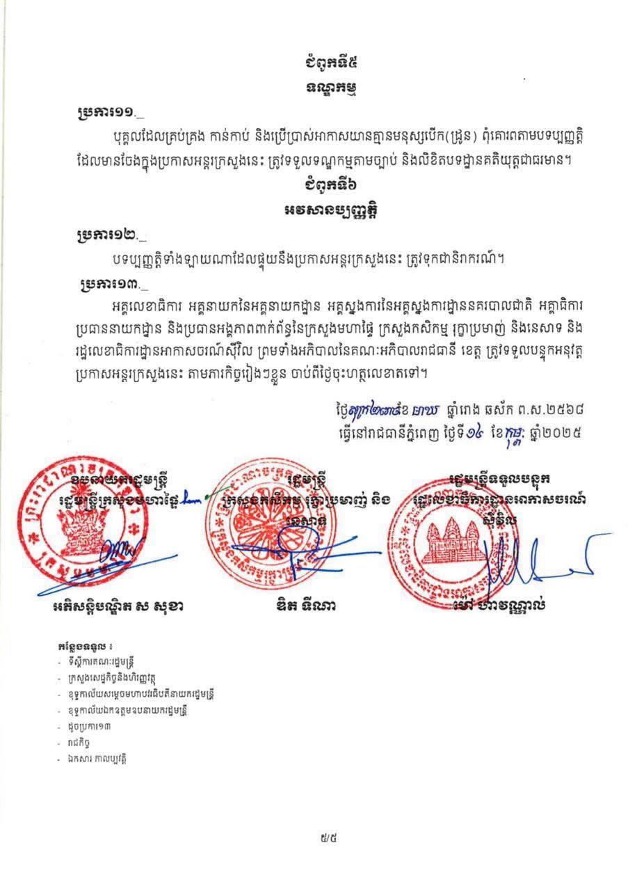 ប្រកាសអន្តរក្រសួងស្តីពីការគ្រប់គ្រងអាកាសយាន គ្មានមនុស្សបើក(ដ្រូន) រវាងក្រសួងមហាផ្ទៃ ក្រសួងកសិកម្ម និងរដ្ឋលេខាធិការដ្ឋានអាកាសចរណ៍ស៊ីវិល!
